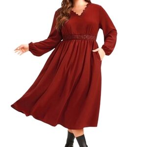 BLOOMCHIC Solid Lace waist Lantern Sleeve Flutter Dress, red, size 14-16